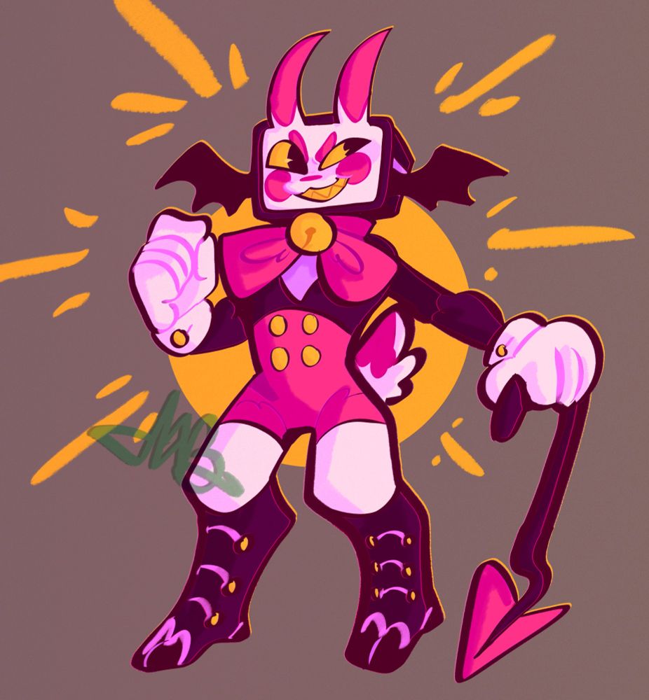 A 1930s esc design of my oc Kibi - a tv head goat imp creature with a very smug expression and confident pose. 