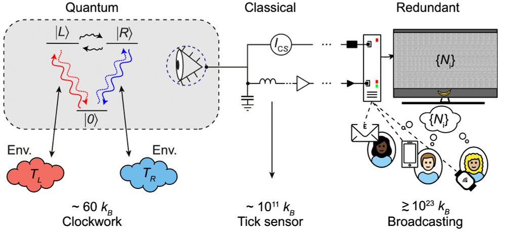 Depiction of the quantum-classical transition in a microscopic clock. A quantum clock transitions between three discrete states, driven by thermal noise. These transitions are amplified by a sensor into a classical signal, which can be shared among classical observers as an objective record of the passage of time.