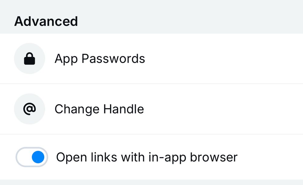 A screenshot from the settings page an iOS. It’s cropped to the “advanced” section, and at the bottom is a toggle switch for opening links with the in-app browser.