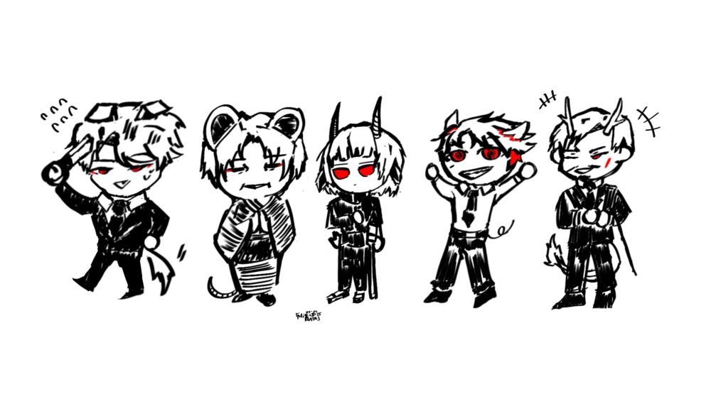 Takeshiba, Toyosu, Hinode, Shiodome and Shijoumae chibis standing next to one another. They each have animal features (horns/ears and tail). Takeshiba is a dog, Toyosu is a rat, Hinode is a goat, Shiodome is a pig, and Shijoumae is a dragon.