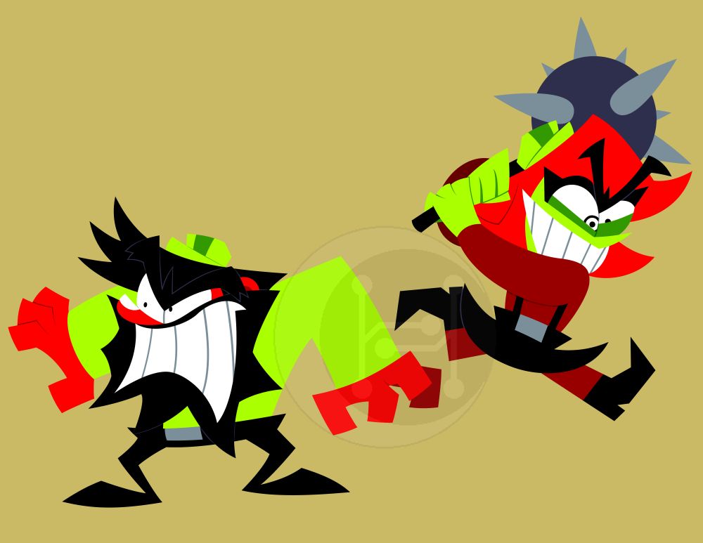 digital art of Anton and Annie from the game Antonblast. Anton is looking to the side with an angry-yet-wary stance and expression, and Annie is leaping forward with a manic expression and winding back her mace.