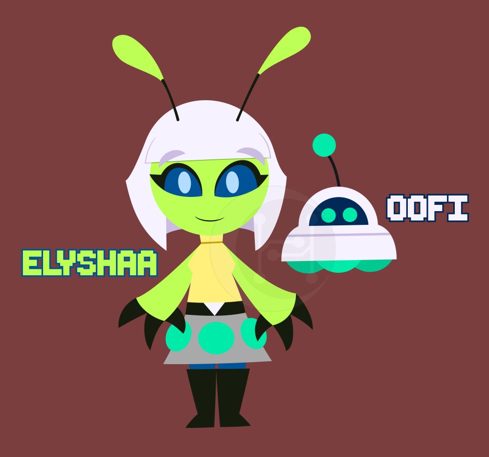 digital vector art of two of my OCs, a green alien girl and a small white UFO robot. the alien has blue eyes and white bobbed hair with two green-tipped antennae poking through the top. she's wearing a yellow sleeveless turtleneck, a silver skirt with teal spheres on it, and knee-high black boots over blue leggings. the UFO robot has a white chassis with one teal-tipped antenna on top, a dark blue screen face with teal eyes on the upper dome, and some teal spheres peeking out from underneath the lower saucer. pixelated text denotes the alien's name is Elyshaa, and the UFO robot's name is Oofi.