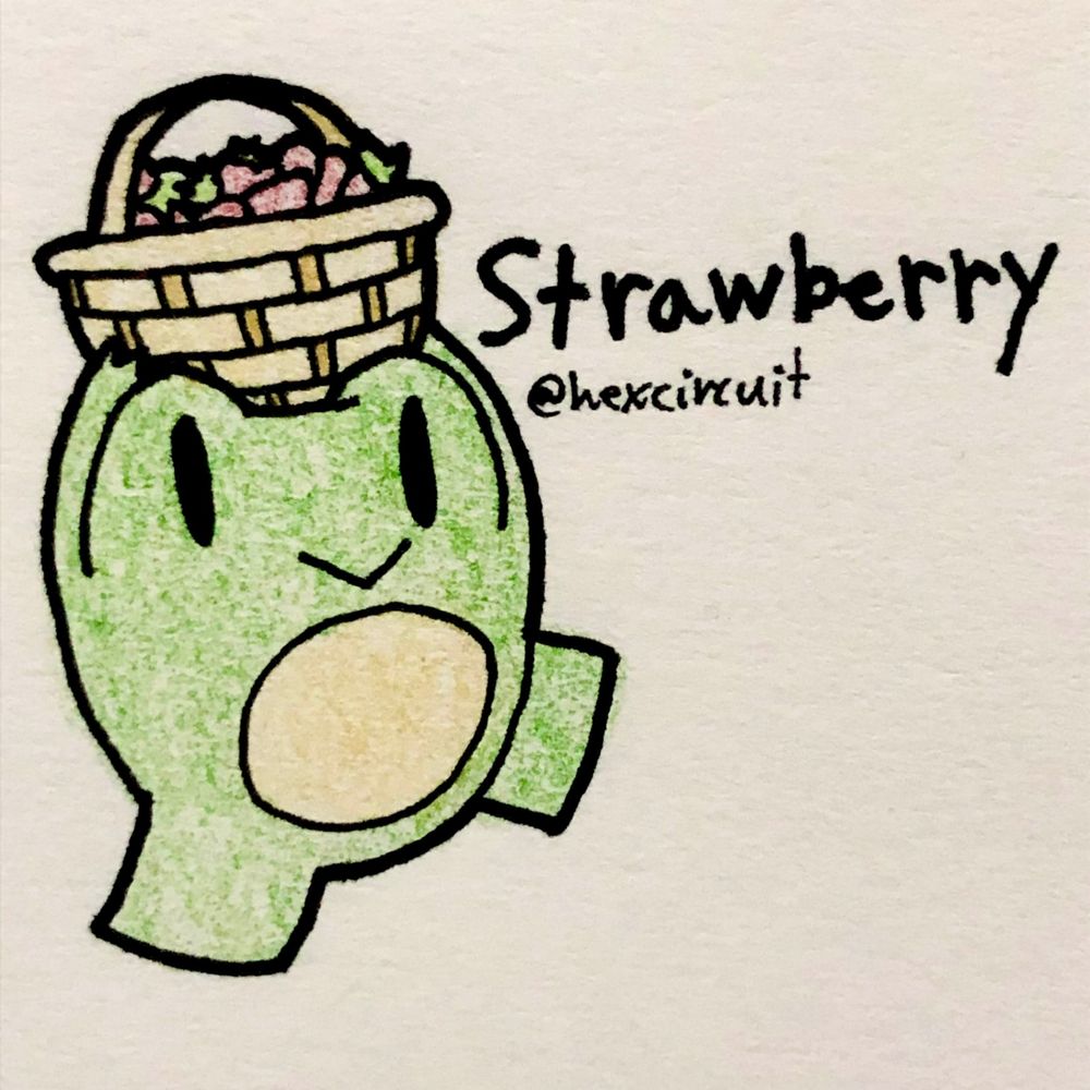 ink and colored pencil drawing of Bub the green frog walking while carrying a tan woven basket over his head. the basket is full of little red strawberries.