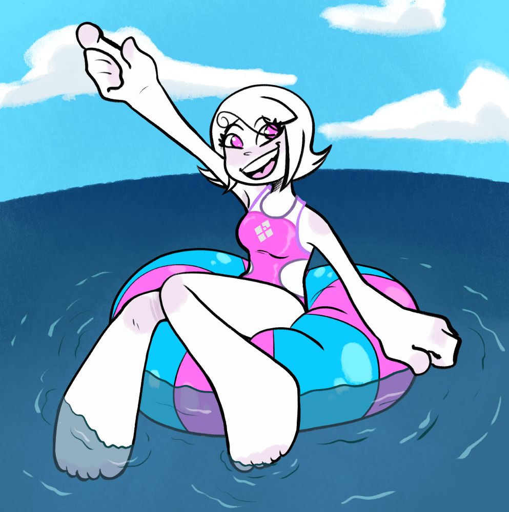 Roxy Lalonde from homestuck, she is #FFFFFF white and has a 60s ass womens haircut, she's throwing one hand in the arm sitting on a beach ball in the middle of the ocean. don't ask how that works. She is wearing a pink one piece swimsuit with hip cutouts, the art style is semi-chibi with huge feet and hands.