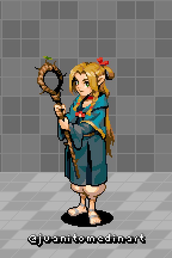 pixel art full body portrait of Marcille, from Dungeon Meshi by Ryoko Kui