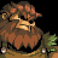 Pixel art portrait of Greyson the blacksmith from the Shovel Knight franchise.