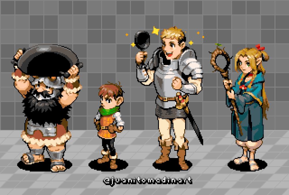 Pixel art line up depicting all 4 main members of Laio's party from Dungeon Meshi.