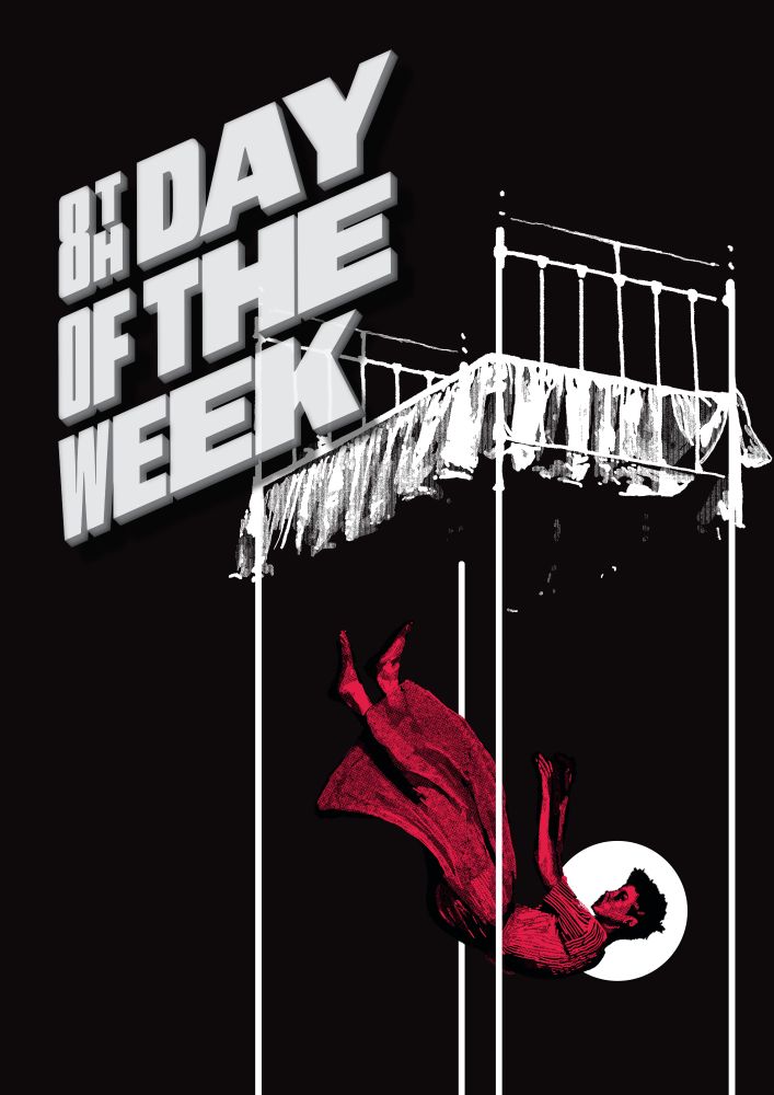Cover of 8tg day of the week. A magenta sillhouette of a person falling from a tall bed on a black background. 
