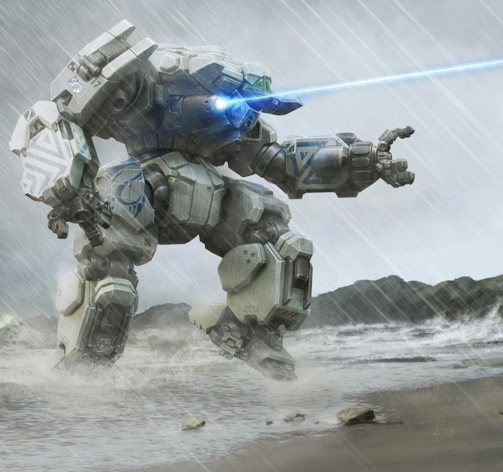 Art by Alan Blackwell of a Hammerhead walking up the beach, firing the Large Pulse Laser