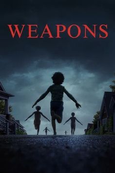 Poster for the film Weapons (2025) children with their hands out going down a steeet at. Dark. 