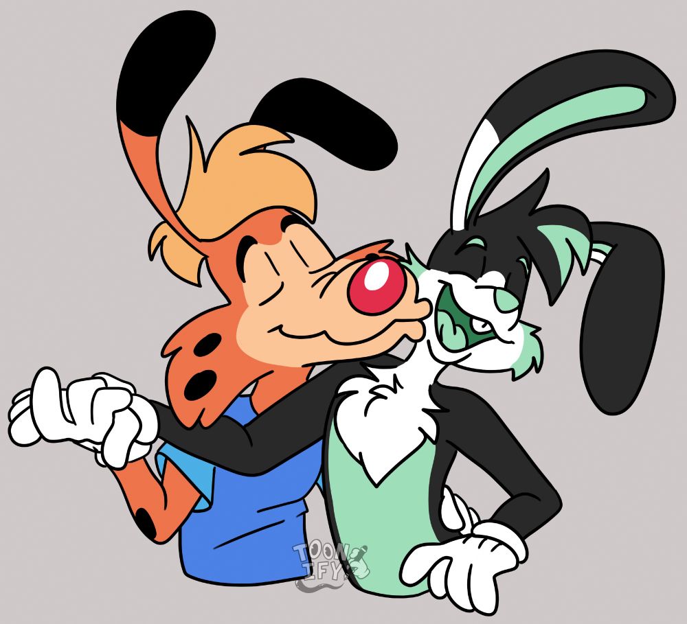 Waist up of Toona and Bonkers. 
Bonkers is smiling as he kisses Toona's cheek and holds her hand out with the other on her waist. Toona has a big smile on her face