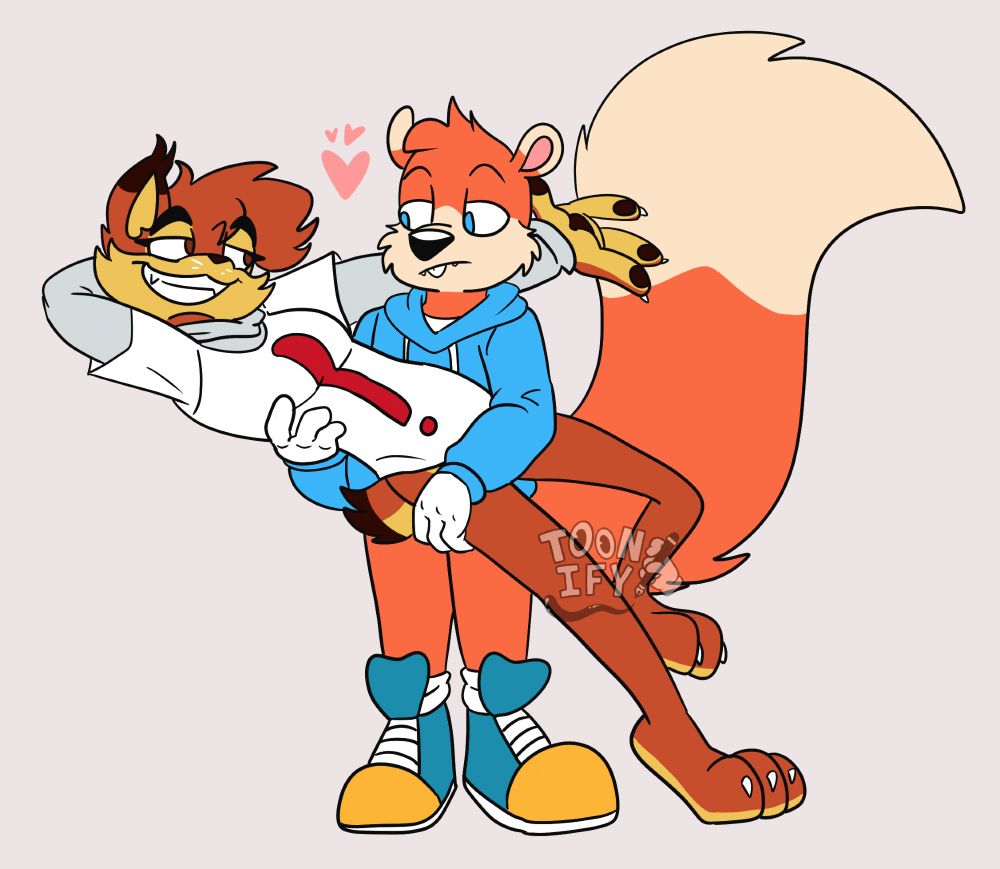 Bubsy in Conker's arms as he smirks to look at him while Conker looks unamused