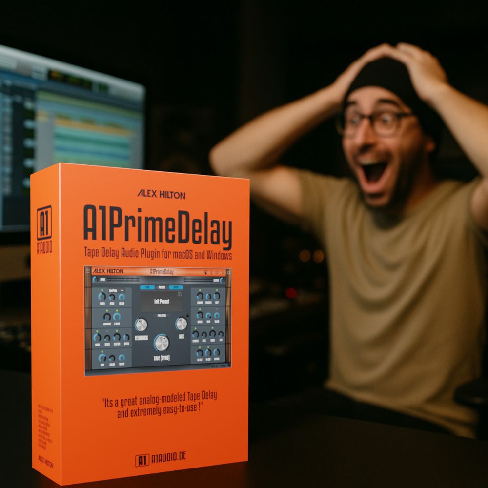 In the front is a box of A1PrimeDelay -  an Audio Software Delay Plugin. A music producer in his studio. He is happy and almost cannot believe what he is hearing. 