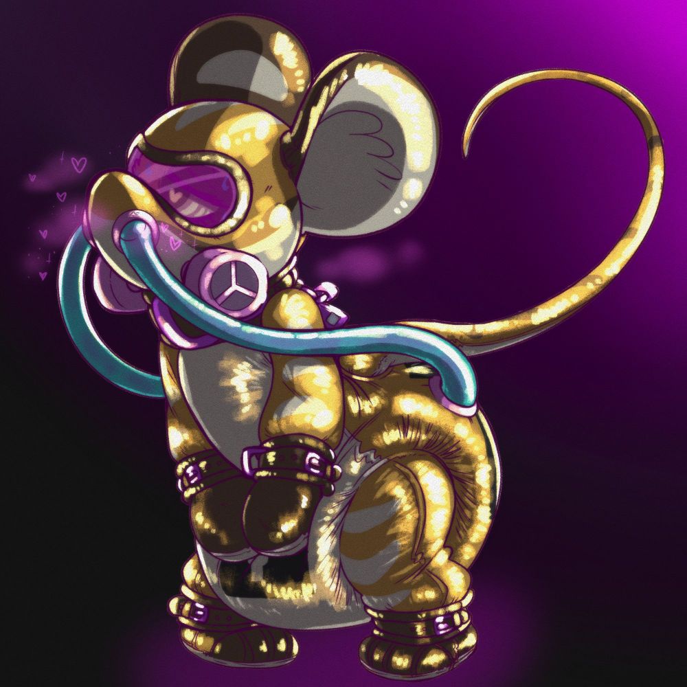 a mouse fursona in a rubber suit, with a big rubber-covered diaper, mitts, a gasmask and hypnovisor, and two tubes leading from their padded rear to the gaskmask. the mouse's eyes look hypnotized, with swirling hearts, and their mitted paws are pressed against the front of their padding