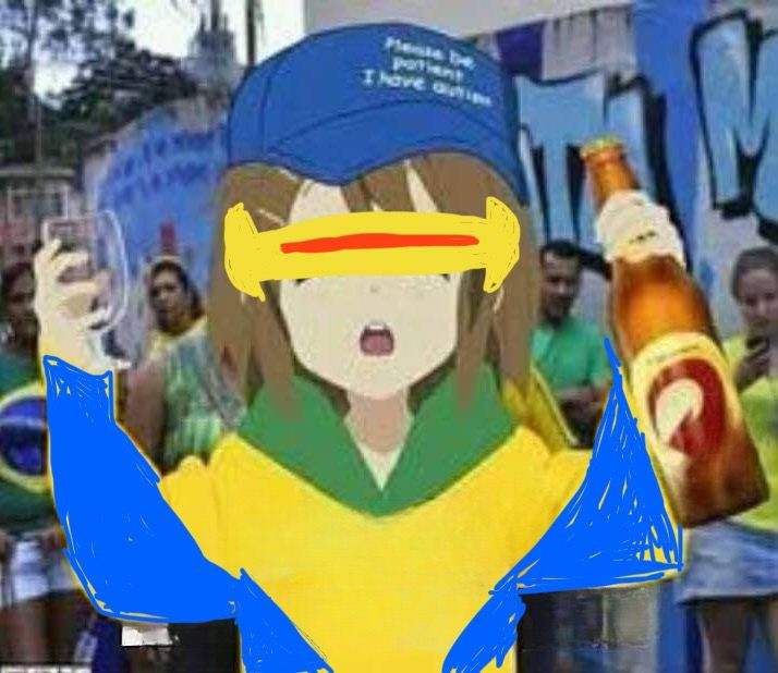 The classic “Brazil mentioned” girl but with crudely-drawn classic blue and yellow X-Men costume and Cyclops visor.