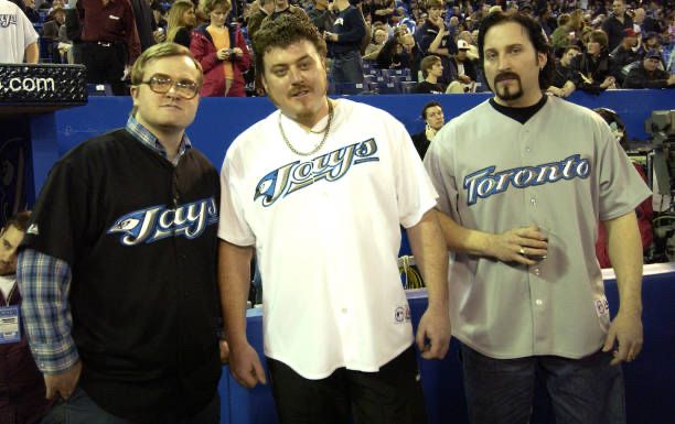 Picture of the Trailer Park Boys at Rogers Centre, wearing Toronto Blue Jays jerseys. 