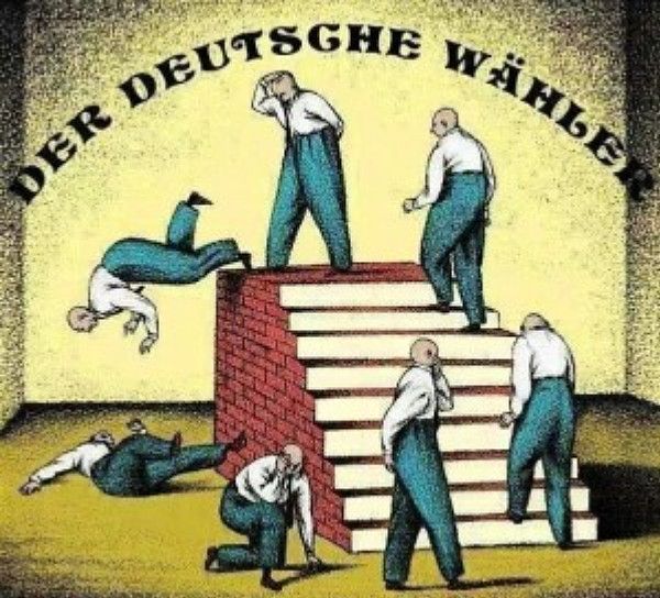 Überschrift: Der deutsche Wähler
Ein Mann steigt mehrere Stufen hoch und fällt dann runter. Am Boden berappelt er sich und steigt dann wieder die Stufen hoch.