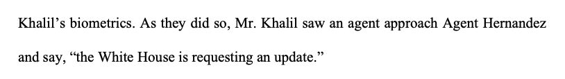 Mr. Khalil saw an agent approach Agent Hernandez and say, “the White House is requesting an update.”