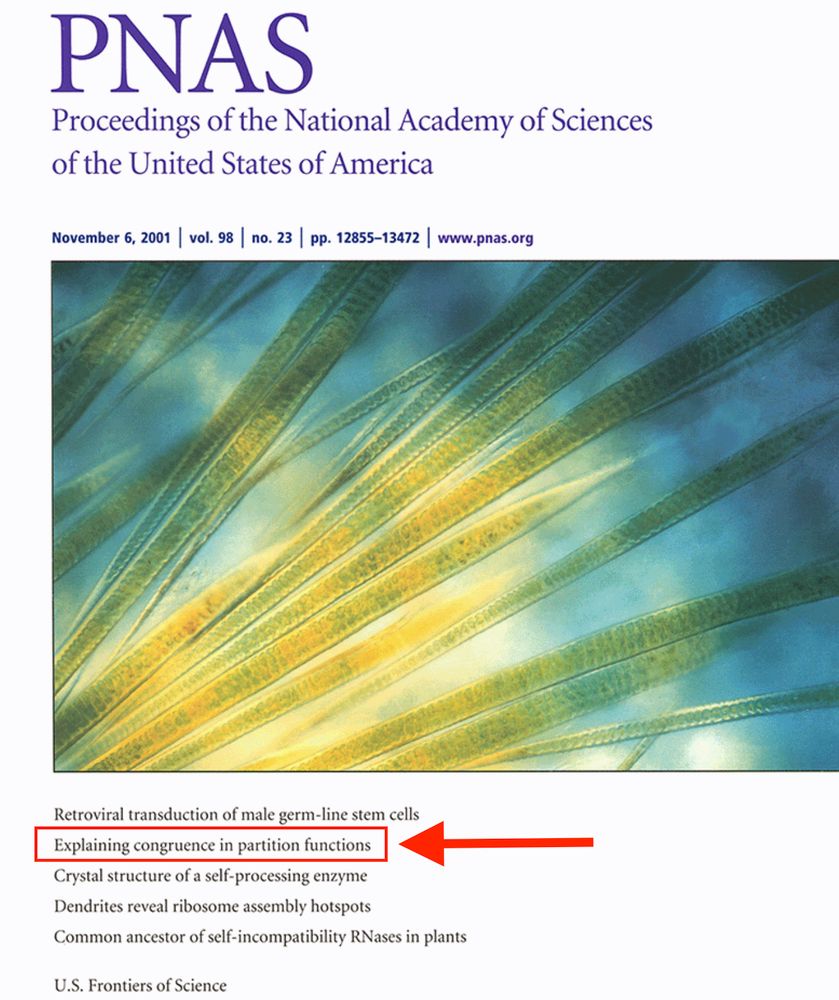 Cover of the November 6 2001 issue of the Proceedings of the National Academy of Sciences, showing a picture of plant cells, but with one of the other items, "Explaining congruence in partition functions" highlighted with an added red box and arrow pointing to it.