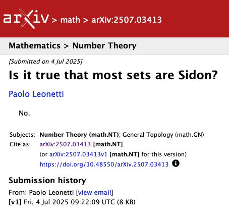 Screenshot of the abstract page of an arXiv article with identifier arXiv:2507.03413. The title is "Is it true that most sets are Sidon?" The abstract is the single word: "No."