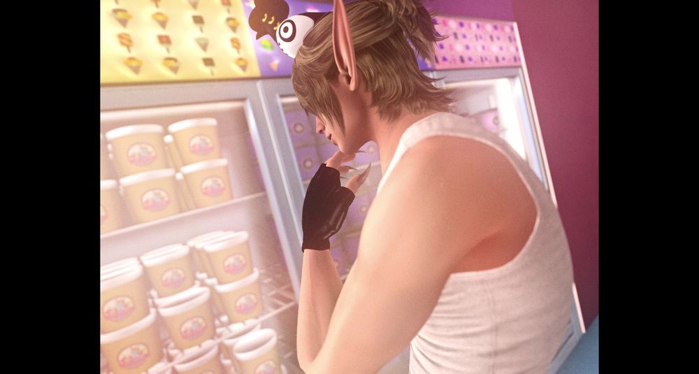 Sussie from Kpop demon hunters is sitting on Zakuro's head, while the blond looks over his ice cream choices