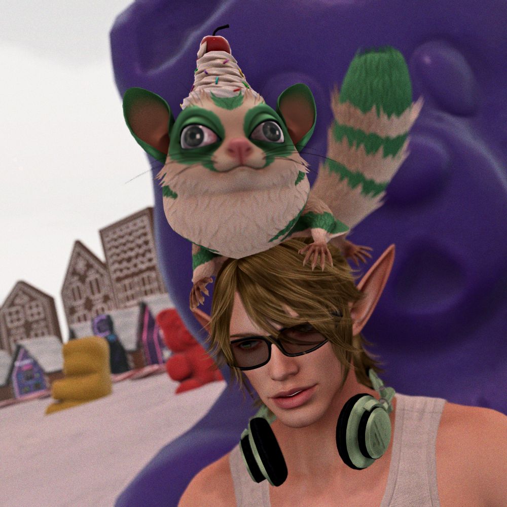 sugar glider with realistic eyes is seated upon Zakuro's head. gummy bears and frosting landscape behind them