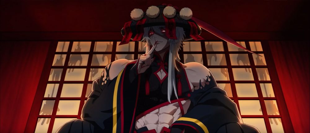 Zepar from What in Hell is bad. April's Fools Event scene with red sorcerer devil seated in front of window paper screen in a red room. Behind is dead hands hanging from ropes, only seen by ominous silhouettes