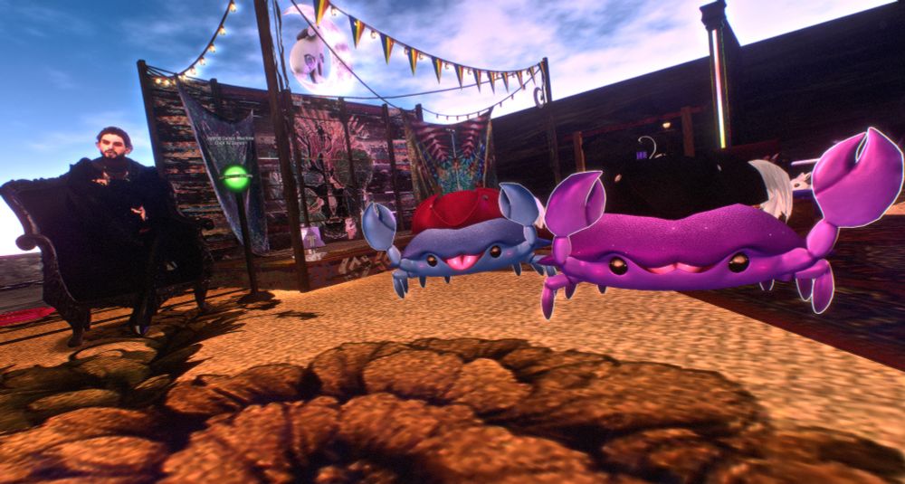 One done looking elf sitting off to the side. I got denied to peench the booty, so he's safe. For now. Zeke (Pink) crab and I dancing to some nifty tunes, as crabs. 