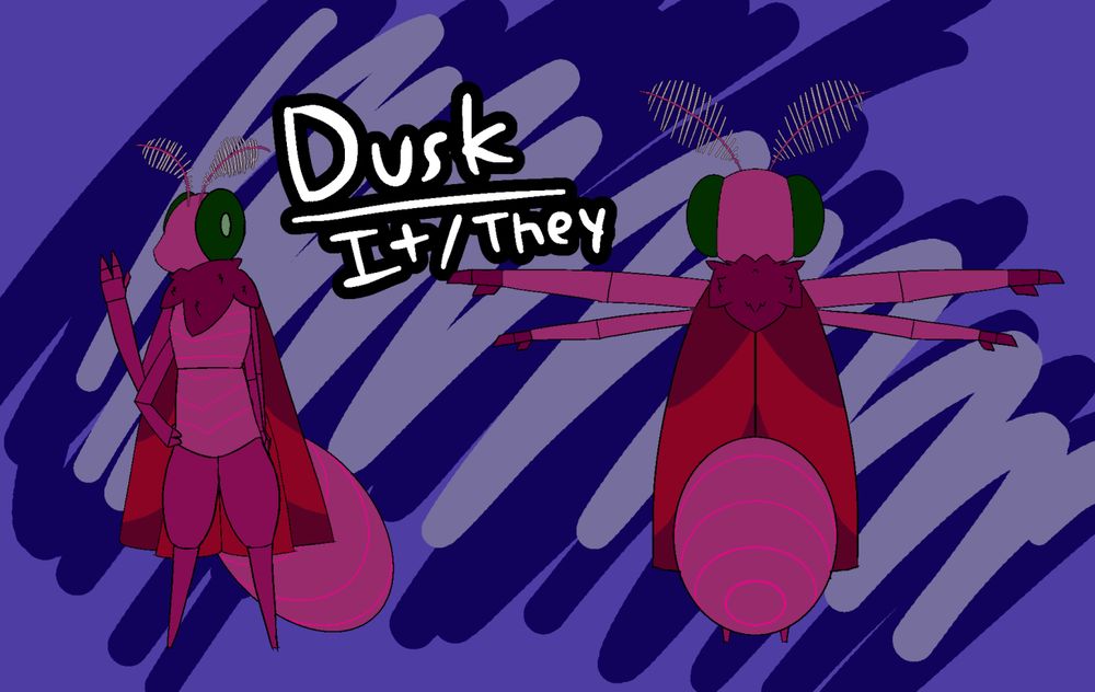 An anthro moth with four arms. the patterning on its wings is similar to that of a rosy maple moth. its abdomen is longer and thicker than its torso.