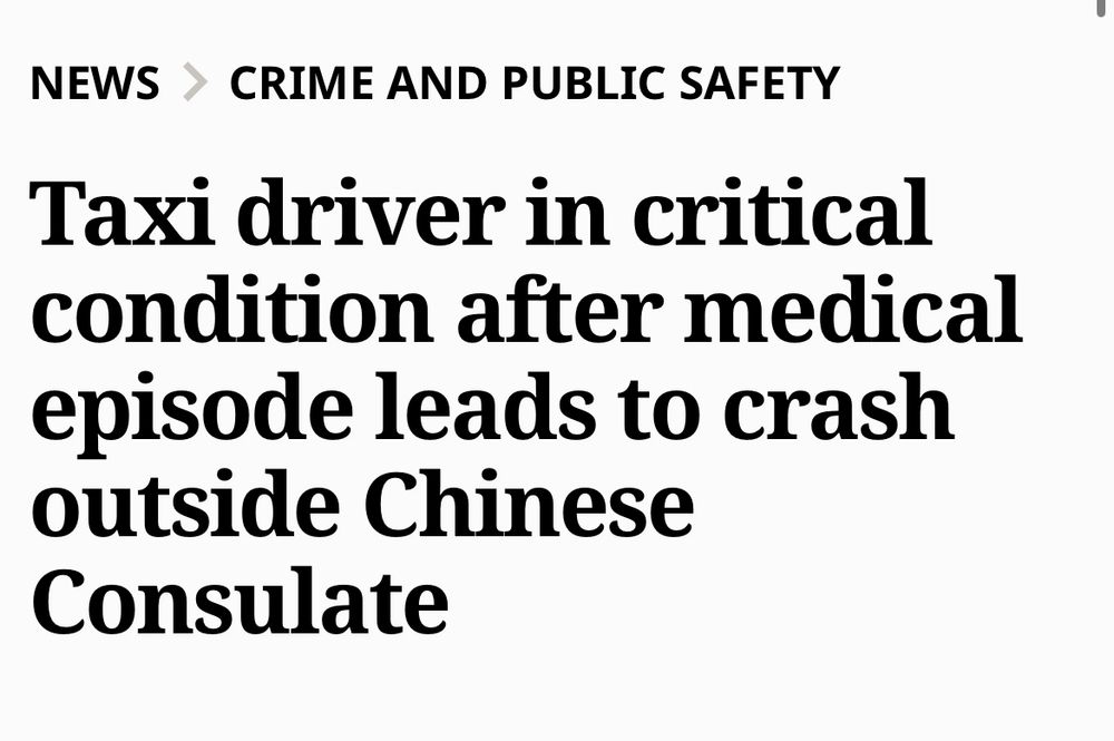 Taxi driver in critical condition after Medical episode leads to crash headline from news. Screenshot. 