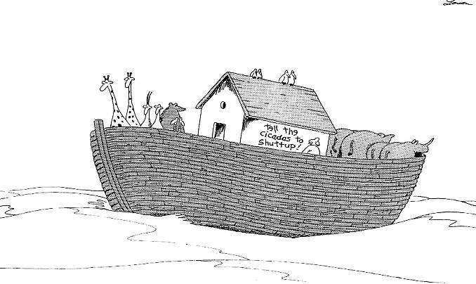 Noah’s Ark with tell the cicadas to shut up graffiti and animals looking away guiltily 