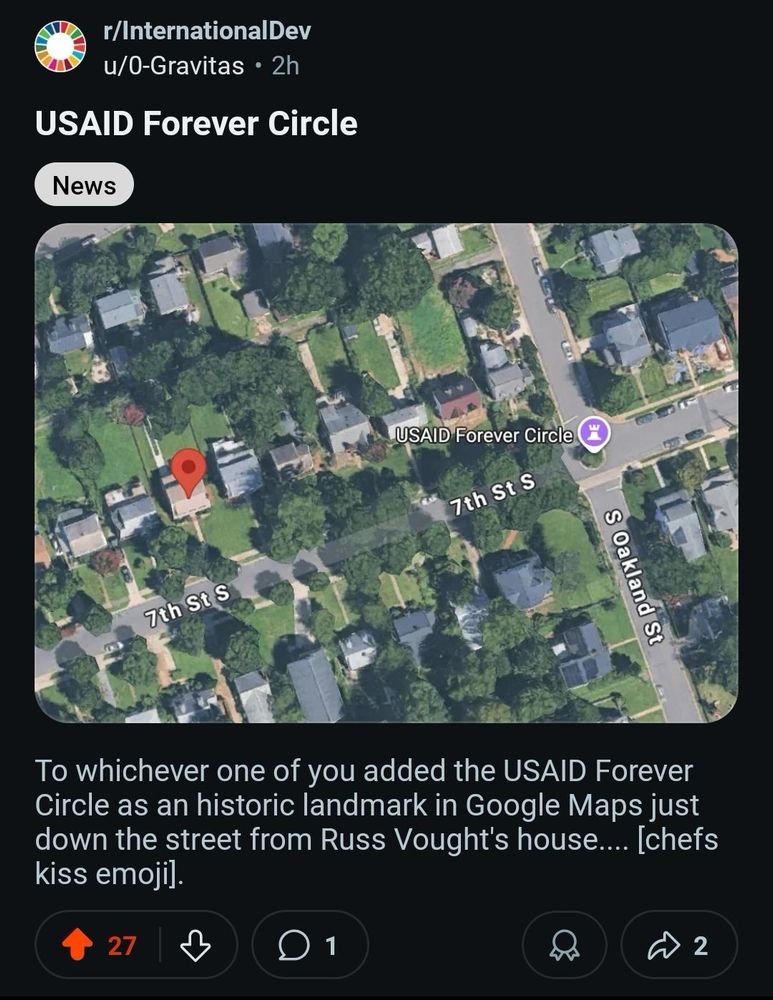 A Google Maps satellite view of suburban America where someone renamed a street “USAID Forever Circle” near a right-wing official’s house. Proof that public service lives rent-free in their neighborhood and now, apparently, on their block.