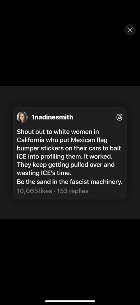 A screenshot of a social media post from the account “1nadinesmith.” The post reads: “Shout out to white women in California who put Mexican flag bumper stickers on their cars to bait ICE into profiling them. It worked. They keep getting pulled over and wasting ICE’s time. Be the sand in the fascist machinery.” The post has 10,065 likes and 153 replies.