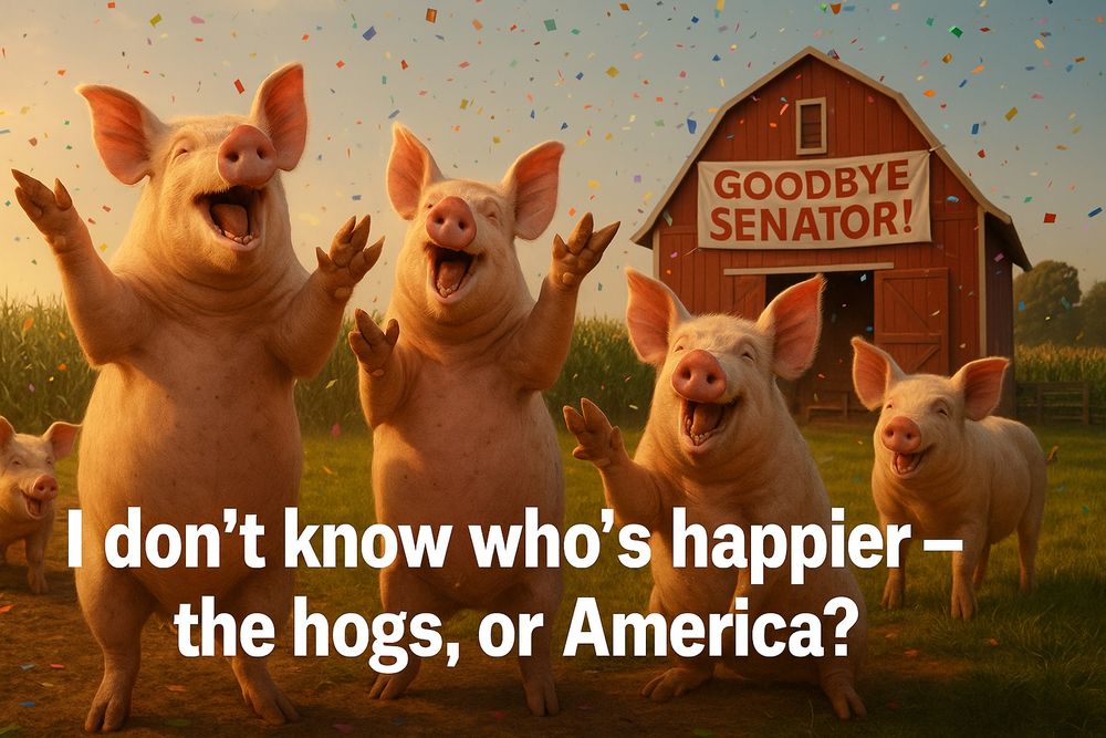 A hyper-realistic digital illustration of a farm at golden hour with glowing cornfields and a red barn in the background. In the foreground, several pigs stand upright, clapping their hooves and dancing joyfully while confetti rains from the sky. A banner on the barn reads “Goodbye Senator!” At the bottom of the image, bold white text says: “I don’t know who’s happier — the hogs, or America?” The overall tone is celebratory and satirical.