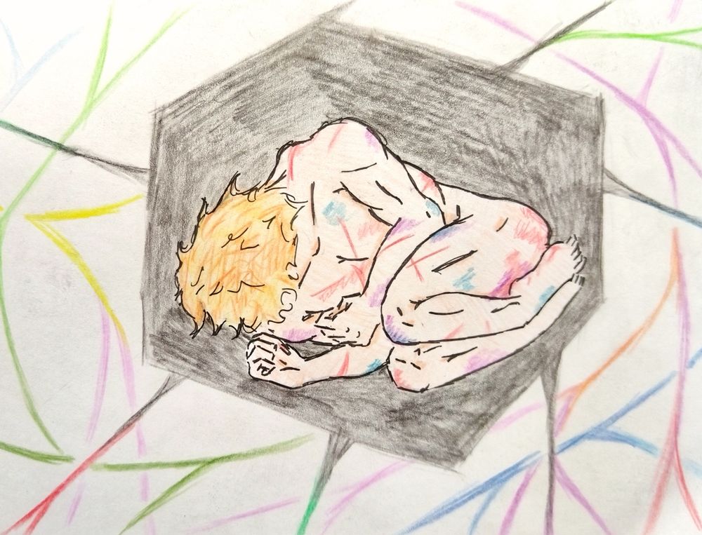 A colored pencils drawing of Rand, naked and beaten, lying in a tight dark box, from which many threads are reaching, cross crossing and aligning