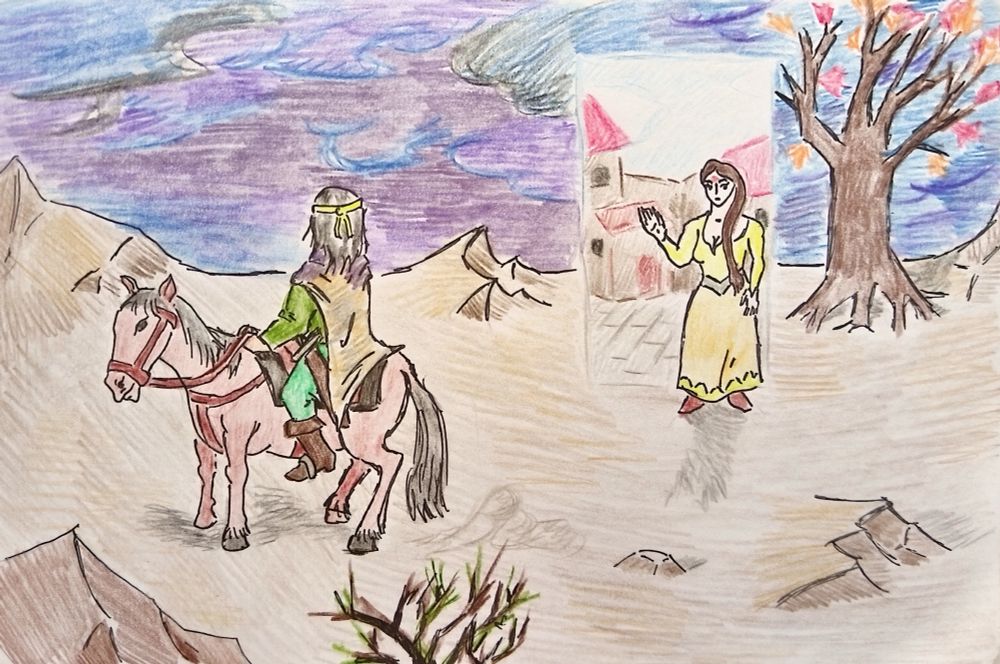 A coloring pencils drawing of Lan in the Borderlands looking at Nyneave as she's about to step in the Gateway back to Tear.