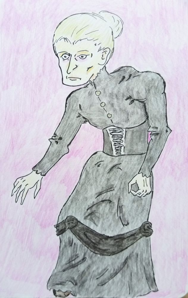 A colored pencils art of a disfigured girl with a hunch and correcting orthopedic shoe for her short leg, with unhealthy pale skin and dull fair hair in a bun. She wears black dress in 19 century style and equally black corset.