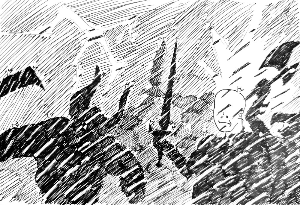 A black pen drawing of Trollocs and Myrddraal charging under heavy rain, with lightnings and blasts in their ranks. They are shown as dark silhouettes, with rain as white stripes above them in high contrast.