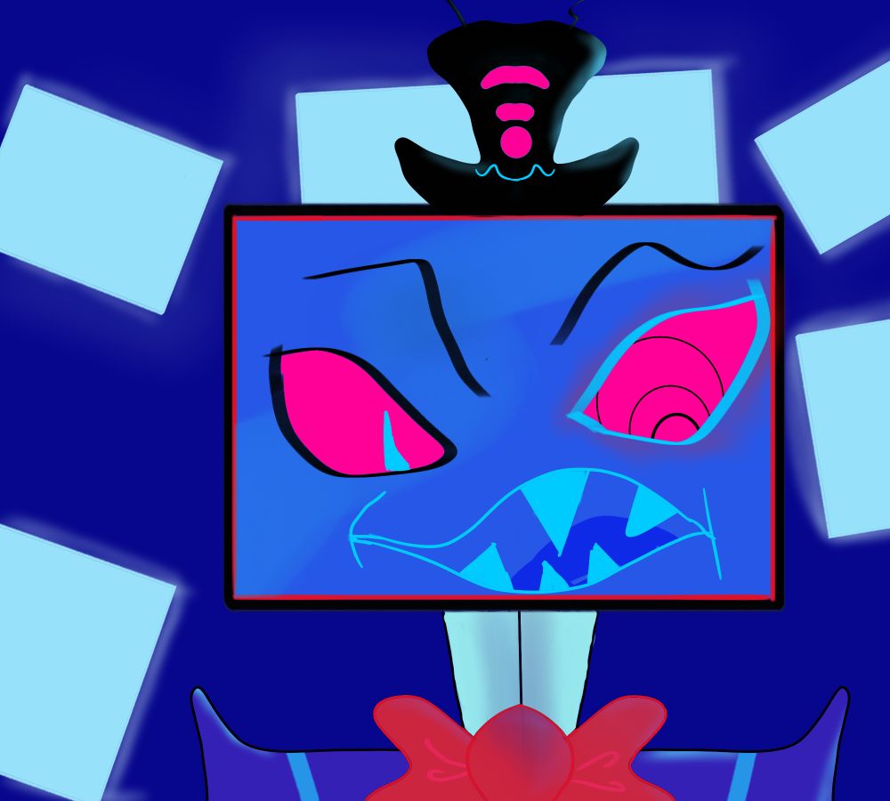 A digital art of Vox in front of glowing screens.