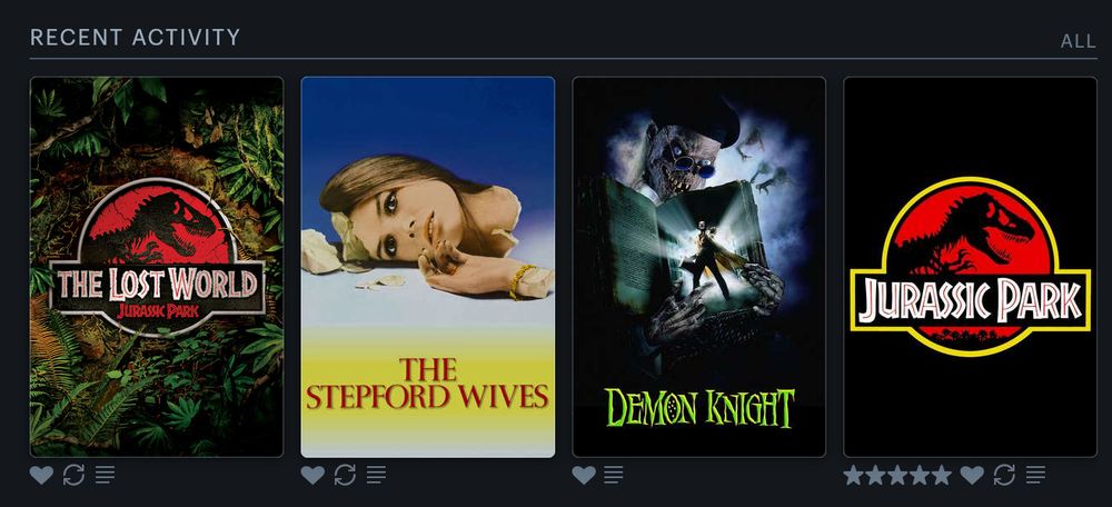 List of Last Four Movies I watched on Letterboxd titled 'Recent Activity'. The movies are:

The Lost World Jurassic Park (1997) - Rewatch and Liked
The Stepford Wives (1975) - Rewatched and Liked
Tales from the Crypt Presents: Demon Knight (1995) - Liked
Jurassic Park (1993) - Rewatched Five Stars and Liked
