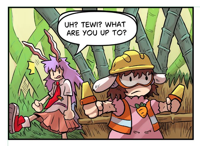 a comic panel of tewi wearing construction safety gear, and reisen wondering what she's up to. TOUHOU PROJECT