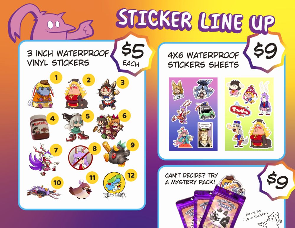 I'm selling stickers at touhoufest! 12 different single designs, 2 sticker sheets featuring art from my comics and some touhous as characters from "chowder" and finally the single stickers but in mystery packs oooooooo. $5 for singles. $9 for sticker sheets and mystery packs