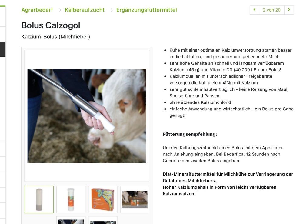 Screenshot einer Webseite für Agrarbedarf. Zu sehen ist wie eine 200gr Tablette einer Kuh verabreicht wird.