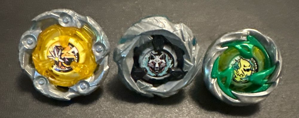 Beyblade Team 1: Stamina Team (L-R)

Wizard Rod 1-60R     (yellow with wizard)
Silver Wolf 9-80DB   (black/silver with wolf)
Ghost Circle 0-80FB (green with ghost)