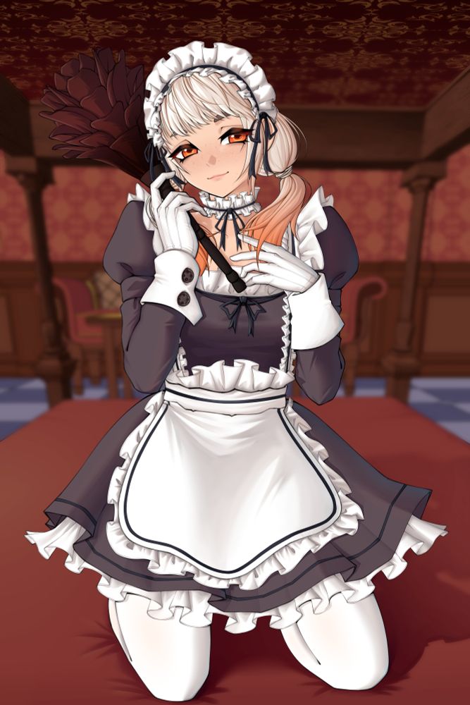 Fae, a non-binary person, dressed in a maid outfit with white tights and gloves. Their hear is white with light red tips tied up in pigtails. They have red eyes and freckles across their nose. They're kneeling on top of a bed while caressing a duster.