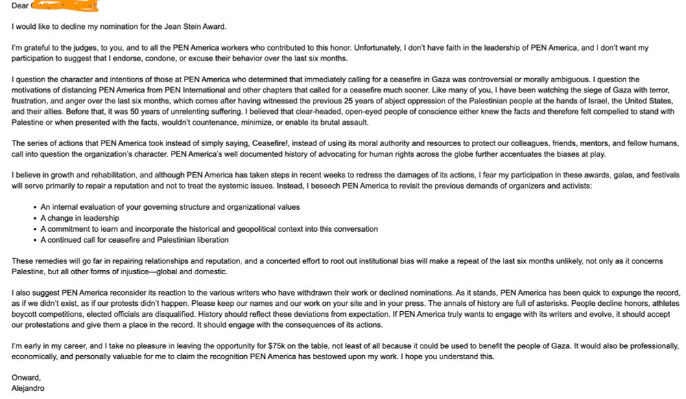Letter to PEN America. (Too long to include text. Will share upon request.)