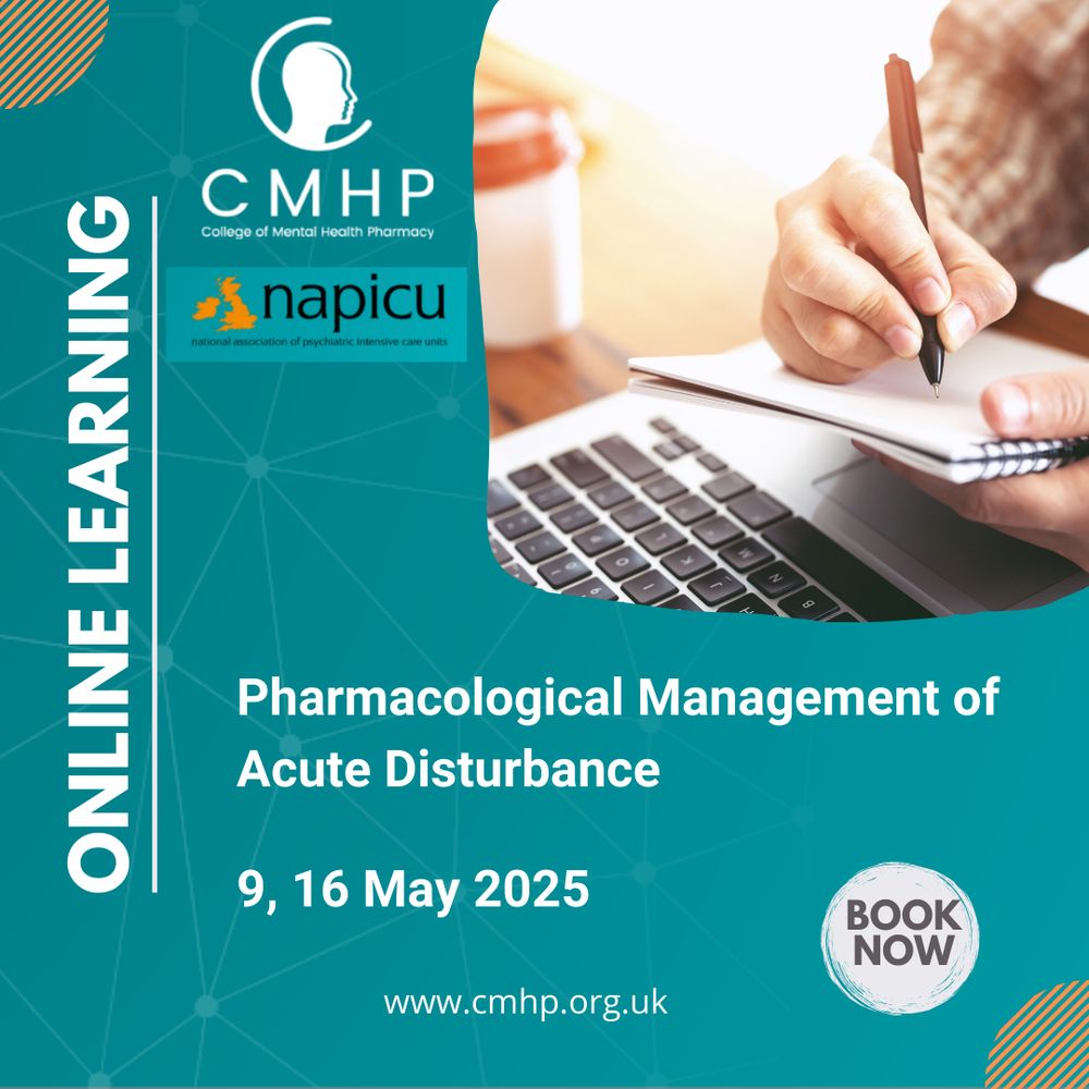 Graphics card showing CMHP and Napicu logos and course information for Pharmacological Management of Acute Disturbance