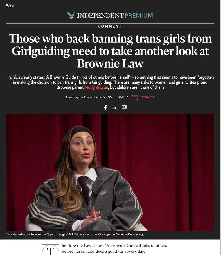Screenshot of the title of the linked article: "Those who back banning trans girls from Girlguiding need to take another look at Brownie Law" 