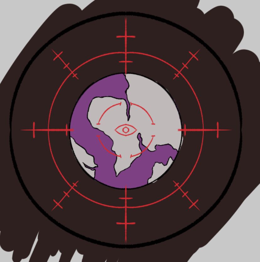 A rough concept sketch for a Harrison Armory planet cracker division patch. The patch is of a planet with purple water and grey terrain with an aiming reticle centered on it, and at the center of the reticle being a representation of an eye. 