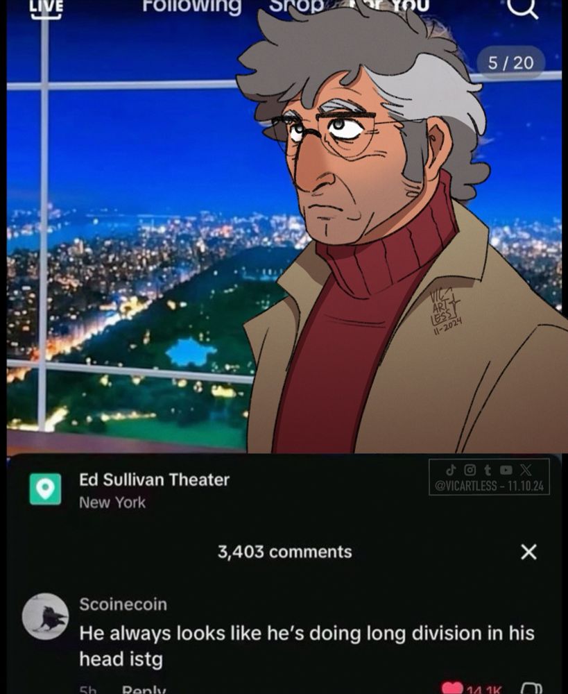 Stanford Pines meme. He looks to the sky in concentration. The comment below says, “He always looks like he’s doing long division in his head istg.”